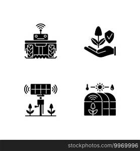 Smart agriculture black glyph icons set on white space. Robotics in farm. Digital greenhouse. Innovation technology. Agronomy engineering. Silhouette symbols. Vector isolated illustration. Smart agriculture black glyph icons set on white space