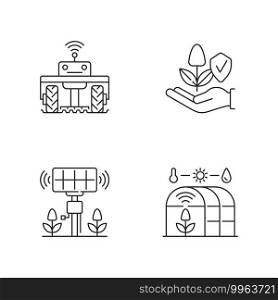 Smart agriculture linear icons set. Robotics in farm. Digital greenhouse. Agronomy engineering. Customizable thin line contour symbols. Isolated vector outline illustrations. Editable stroke. Smart agriculture linear icons set