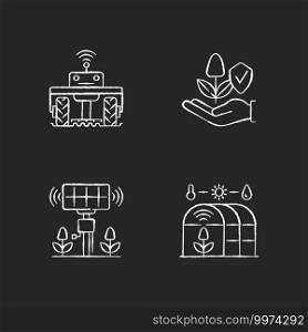 Smart agriculture RGB chalk white icons set on black background. Robotics in farm. Digital greenhouse. Innovation technology. Agronomy engineering. Isolated vector chalkboard illustrations. Smart agriculture RGB chalk white icons set on black background