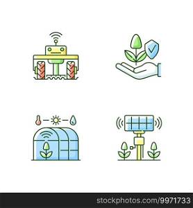 Smart agriculture RGB color icons set. Robotics in farm. Digital greenhouse. Innovation technology. Agronomy engineering. Isolated vector illustrations. Smart agriculture RGB color icons set