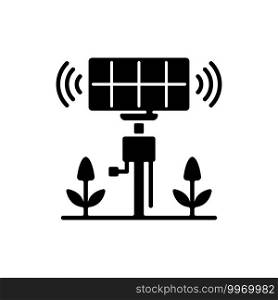 Smart agriculture sensors black glyph icon. Precision agrotechnology. Crops optimizing. Harvest monitoring. Farm analyzing systems. Silhouette symbol on white space. Vector isolated illustration. Smart agriculture sensors black glyph icon