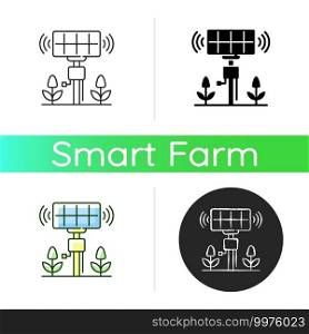 Smart agriculture sensors icon. Precision agrotechnology. Crops optimizing. Harvest monitoring. Farm analyzing systems. Linear black and RGB color styles. Isolated vector illustrations. Smart agriculture sensors icon