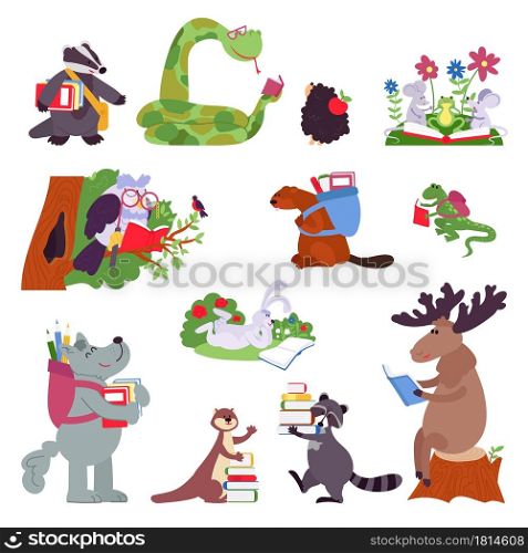 Smart animals. Wild animal with books, funny forest characters read. Isolated cartoon clever owl, raccoon snake, kids decent vector clipart. Illustration animal get knowledge from books, study smart. Smart animals. Wild animal with books, funny forest characters read. Isolated cartoon clever owl, raccoon snake, kids decent vector clipart