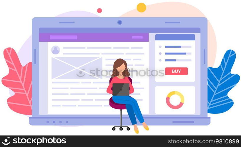 Smart app, retail mobility solutions, internet shopping, Woman uses program for online shopping, payment for goods. Female character with laptop orders goods via Internet on website with buy button. Woman with laptop orders goods via Internet on website for online shopping with buy button