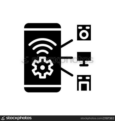Smart appliances control black glyph icon. Mobile access to remote device regulation. Smart appliance tech. Silhouette symbol on white space. Solid pictogram. Vector isolated illustration. Smart appliances control black glyph icon