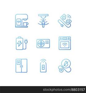 Smart appliances for home pixel perfect gradient linear vector icons set. Automated devices. Internet of things. Thin line contour symbol designs bundle. Isolated outline illustrations collection. Smart appliances for home pixel perfect gradient linear vector icons set