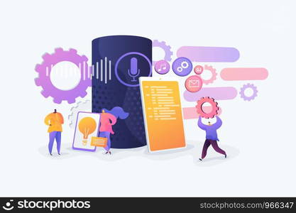 Smart assistant applications, voice application platform, voice assistant development concept. Vector isolated concept creative illustration.. Smart speaker apps development concept vector illustration.