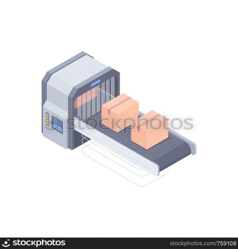 Smart automated boxing line in a warehouse. Automated boxing line with conveyor belt. Design for landing page of modern logistics center. Vector 3d isometric illustration on white background.. Automated boxing line isometric illustration