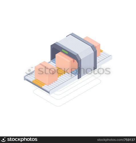 Smart Automated packaging conveyor with boxes isolated on white background. Concept of smart warehouse. Design for landing page of modern logistics center. Vector 3d isometric illustration.. Automated packaging conveyor belt isometric illustration