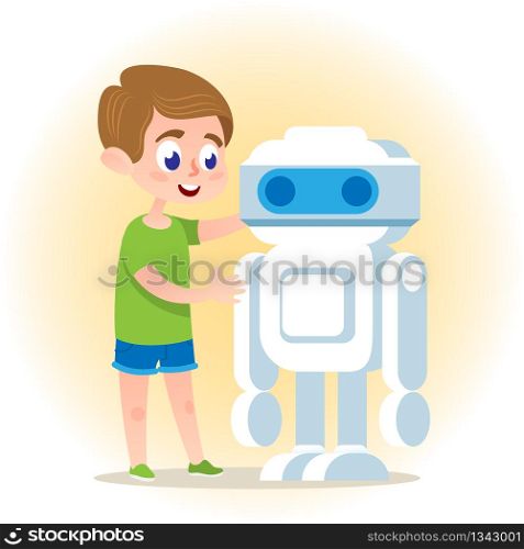 Smart Boy with Robot. Talent Kid Engineer Learning Coding Software and Making DIY Tech Electronics. AI Hardware Education and Testing. Cute Friendly Cartoon Characters. Flat Vector Illustration.. Smart Boy with Robot. Flat Vector Illustration.