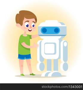 Smart Boy with Robot. Talent Kid Engineer Learning Coding Software and Making DIY Tech Electronics. AI Hardware Education and Testing. Cute Friendly Cartoon Characters. Flat Vector Illustration.. Smart Boy with Robot. Flat Vector Illustration.