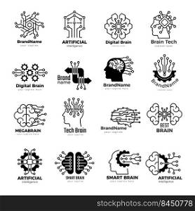 Smart brain logo. Intelligence mains dots digitize symbols robot and computer network structure recent vector collection. Illustration of brain education brainstorming. Smart brain logo. Intelligence mains dots digitize symbols robot and computer network structure recent vector collection