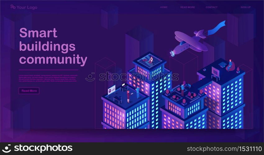 Smart buildings isometric banner. Neon futuristic city architecture concept. Intelligent buildings. Smart city. Modern town map with 3d skyscrapers. Internet of things. Isolated vector illustration. Smart buildings isometric banner