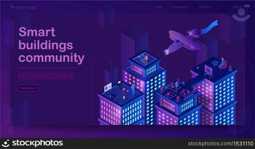 Smart buildings isometric banner. Neon futuristic city architecture concept. Intelligent buildings. Smart city. Modern town map with 3d skyscrapers. Internet of things. Isolated vector illustration. Smart buildings isometric banner