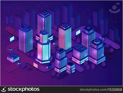 Smart buildings isometric illustration. Neon futuristic city architecture concept. Intelligent buildings. Smart city. Modern town map with 3d skyscrapers. Internet of things. Isolated vector. Smart buildings isometric illustration