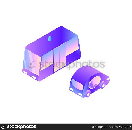 Smart car and modern public transport isolated icons vector. Transportation vehicles with doors and siren, electric automated innovative driving system. Smart Car and Modern Public Transport Isolated
