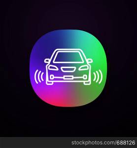 Smart car app icon. NFC auto with radar sensors. Intelligent vehicle. UI/UX user interface. Web application. Self driving automobile. Autonomous car. Driverless vehicle. Vector isolated illustration. Smart car app icon