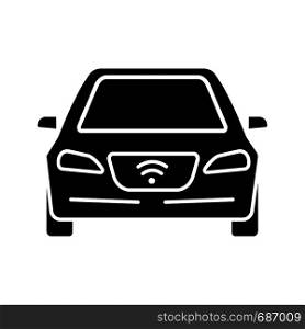 Smart car glyph icon. NFC auto. Intelligent vehicle. Self driving automobile. Silhouette symbol. Autonomous car. Driverless vehicle. Negative space. Vector isolated illustration. Smart car glyph icon