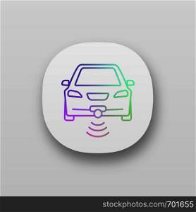 Smart car in front view app icon. NFC auto. Intelligent vehicle. UI/UX interface. Web or mobile application. Self driving automobile. Autonomous car. Driverless vehicle. Vector isolated illustration. Smart car in front view app icon