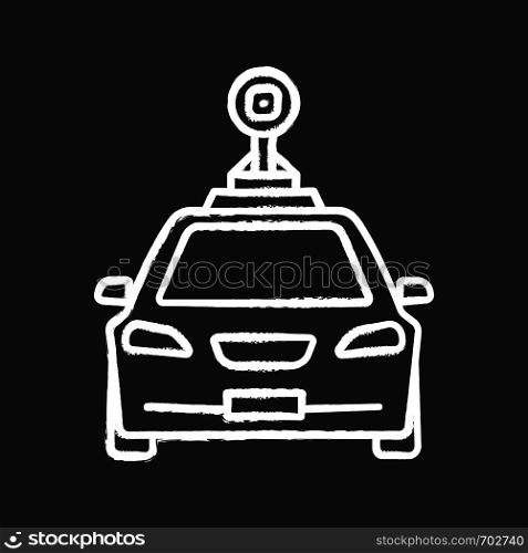 Smart car in front view chalk icon. NFC auto with roof camera and radar sensor. Intelligent vehicle. Self driving automobile. Autonomous car. Isolated vector chalkboard illustration. Smart car in front view chalk icon