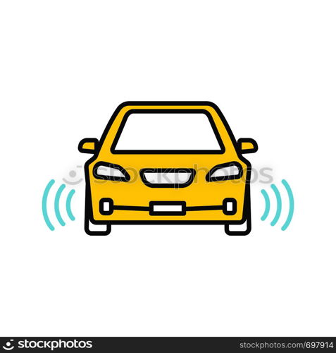 Smart car in front view color icon. NFC auto with radar sensors. Intelligent vehicle. Self driving automobile. Autonomous car. Driverless vehicle. Isolated vector illustration. Smart car in front view color icon