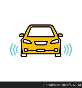 Smart car in front view color icon. NFC auto with radar sensors. Intelligent vehicle. Self driving automobile. Autonomous car. Driverless vehicle. Isolated vector illustration. Smart car in front view color icon