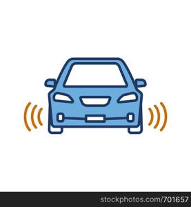 Smart car in front view color icon. NFC auto with radar sensors. Intelligent vehicle. Self driving automobile. Autonomous car. Driverless vehicle. Isolated vector illustration. Smart car in front view color icon