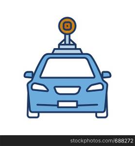 Smart car in front view color icon. NFC auto with roof camera and radar sensor. Intelligent vehicle. Self driving automobile. Autonomous car. Driverless vehicle. Isolated vector illustration. Smart car in front view color icon
