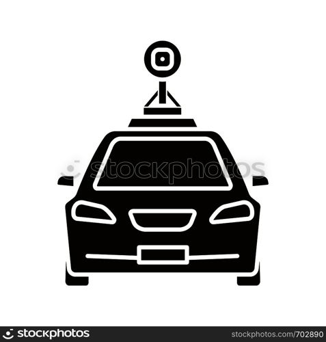 Smart car in front view glyph icon. NFC auto with roof camera and radar sensor. Silhouette symbol. Self driving automobile. Autonomous car. Negative space. Vector isolated illustration. Smart car in front view glyph icon