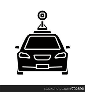 Smart car in front view glyph icon. NFC auto with roof camera and radar sensor. Silhouette symbol. Self driving automobile. Autonomous car. Negative space. Vector isolated illustration. Smart car in front view glyph icon