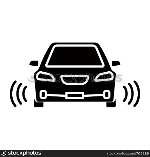 Smart car in front view glyph icon. Self driving automobile. Autonomous car. Driverless vehicle. NFC auto with radar sensors. Silhouette symbol. Negative space. Vector isolated illustration. Smart car in front view glyph icon