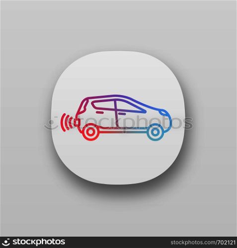 Smart car in side view app icon. NFC auto. Intelligent vehicle. UI/UX interface. Web or mobile application. Self driving automobile. Autonomous car. Driverless vehicle. Vector isolated illustration. Smart car in side view app icon