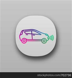Smart car in side view app icon. NFC auto. Intelligent vehicle. UI/UX interface. Web or mobile application. Self driving automobile. Autonomous car. Driverless vehicle. Vector isolated illustration. Smart car in side view app icon