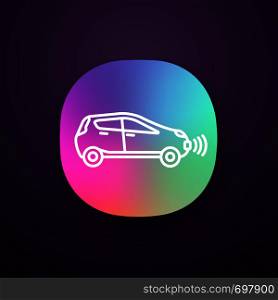 Smart car in side view app icon. NFC auto. Intelligent vehicle. UI/UX user interface. Web or mobile application. Self driving automobile. Autonomous car. Driverless vehicle. Vector isolated illustration. Smart car in side view app icon