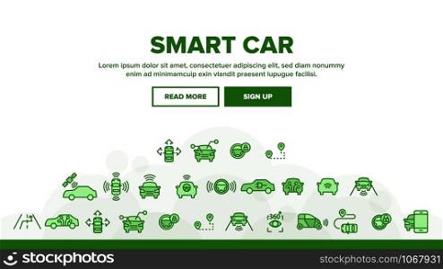 Smart Car Landing Web Page Header Banner Template Vector. Intelligence Control And Security, Network Navigation And Autopilot Smart Car Devices Illustration. Smart Car Landing Header Vector