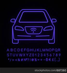 Smart car neon light icon. NFC auto. Intelligent vehicle. Self driving automobile. Autonomous car. Driverless vehicle. Glowing sign with alphabet, numbers and symbols. Vector isolated illustration. Smart car neon light icon