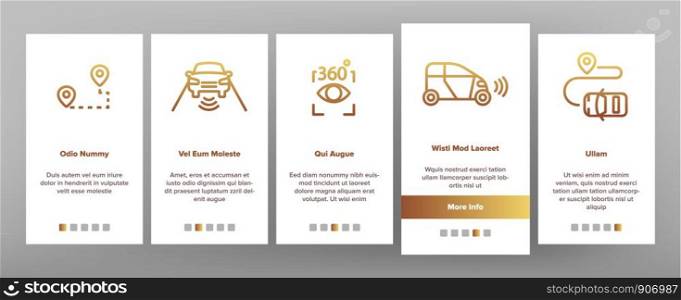 Smart Car Onboarding Mobile App Page Screen Vector Thin Line. Intelligence Control And Security, Network Navigation And Autopilot Smart Car Devices Linear Pictograms. Illustrations. Smart Car Onboarding Vector