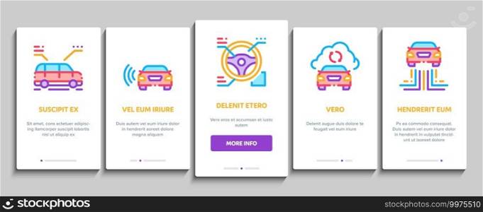 Smart Car Technology Onboarding Mobile App Page Screen Vector. Smart Car Autopilot And Help Parking, Satellite Connection And Phone Application Illustrations. Smart Car Technology Onboarding Elements Icons Set Vector