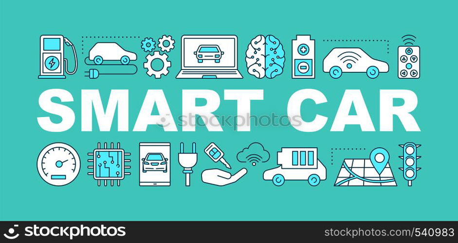 Smart car word concepts banner. Artificial intelligence auto. Autonomous automobile. Self driving car. Isolated lettering typography idea with linear icons. Vector outline illustration. Smart car word concepts banner