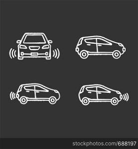 Smart cars chalk icons set. NFC autos. Intelligent vehicles. Self driving automobiles. Autonomous cars. Driverless vehicles. Isolated vector chalkboard illustrations. Smart cars chalk icons set