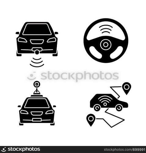 Smart cars glyph icons set. NFC autos. Intelligent vehicles. Self driving automobiles. Autonomous cars. Driverless vehicles. Silhouette symbols. Vector isolated illustration. Smart cars glyph icons set