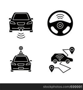 Smart cars glyph icons set. NFC autos. Intelligent vehicles. Self driving automobiles. Autonomous cars. Driverless vehicles. Silhouette symbols. Vector isolated illustration. Smart cars glyph icons set