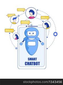 Smart Chatbot Vector Flat Illustration on Screen Tablet or Smartphone Artificial Intelligence Flying Blue Robot. Young People Teens Send Message on Social Network Worldwide Support For User.