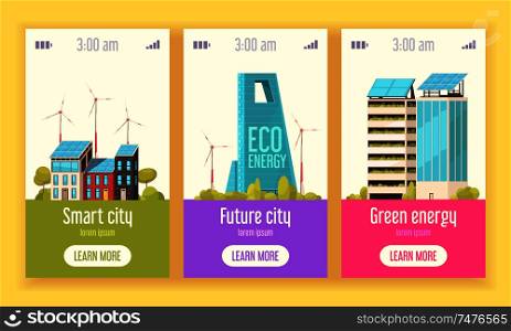 Smart city 3 flat vertical web banners with green energy wind and solar power systems vector illustration