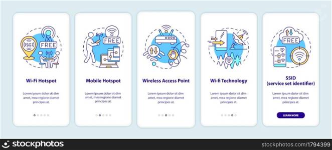Smart city access to Internet options onboarding mobile app page screen. Walkthrough 5 steps graphic instructions with concepts. UI, UX, GUI vector template with linear color illustrations. Smart city access to Internet options onboarding mobile app page screen