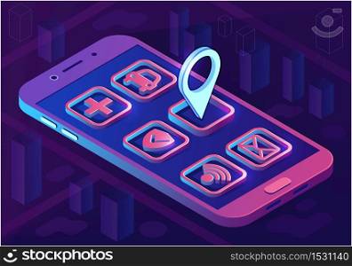 Smart city app isometric architecture concept. Web banner with application icons. Futuristic 3d city smartphone app map with pinpoint. Internet of things. Isolated vector illustration. Smart city app isometric architecture concept