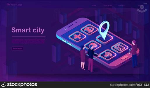 Smart city app isometric banner. Futuristic smartphone with application icons. Futuristic 3d city smartphone app map with pinpoint. Internet of things. Isolated vector illustration. Smart city app isometric banner