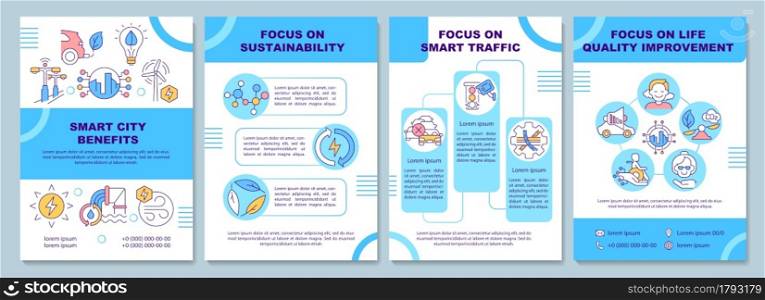 Smart city benefits brochure template. Life quality improvement. Flyer, booklet, leaflet print, cover design with linear icons. Vector layouts for presentation, annual reports, advertisement pages. Smart city benefits brochure template