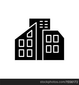 Smart city black glyph icon. Urban office center. City skyscrapers. Condo building. Tall houses. Town infrastructure. Modern townhouse. Silhouette symbol on white space. Vector isolated illustration. Smart city black glyph icon