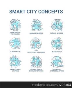 Smart city blue concept icons set. Smart system idea thin line blue illustrations. Sensors for road, transport and garbage control. Energy management. Vector isolated outline drawings. Editable stroke. Smart city blue concept icons set